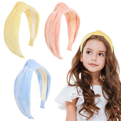 Knotted Headbands for Girls, Non Slip Toddler Girl Headband Kids Wide Top Knot Head Bands Mommy and Me Fashion Hairband Womens Turban Hair Accessories(Pink,Yellow,Blue,3Pcs)