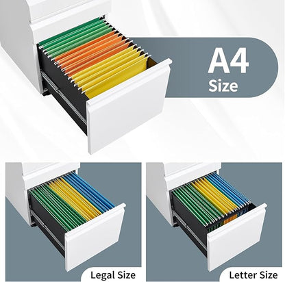3 Drawer File Cabinet with Lock, File Cabinets for Home Office,Under Desk Cabinet, Locking File Cabinet for A4/Letter/Legal, Fully Assembled Expect Casters, Matte White
