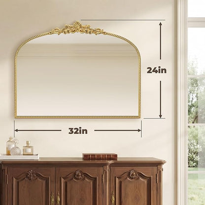 Gold Vintage Vanity Mirror 32x24 Inch, Shell Crown Ornate Beaded Frame Vanity Mirror, Antique Decorative Horizontal Mirror for Bathroom, Bedroom, Entryway, Fireplace Wall