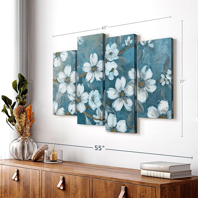 Elephant Stock Blossoms Of Evening Wall Art - Horizontal Canvas - 4-Piece Living Room Wall Decor - Blossom Painting Canvas Print - Blue and Gray Decor for Wall by Carol Robinson - 43" X 27"
