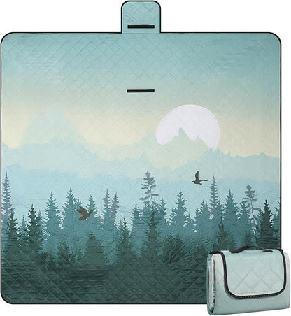 Picnic Blanket Waterproof Extra Large 79”x79” 210D Oxford Outdoor Blanket for Grass Portable Sand Proof Beach Blanket for 6-8 Adults, Morning Forest