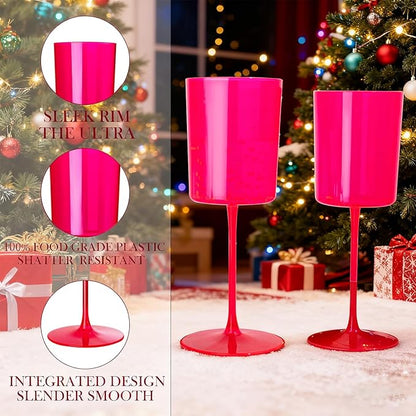 Ciaell 12 Pack Plastic Wine Glasses - 14Oz Hot Pink Plastic Wine Glasses With Stem - Disposable Stemmed Cups for Parties & Weddings
