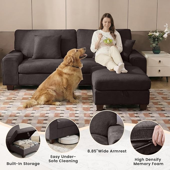 DOPEDIO L-Shaped Sectional Sofa with Storage Ottoman, Modern Chenille Recliner Loveseat, Removable Couch Covers, Pocket Spring Cushions, Solid Wood Frame, Easy to Install (88.58inch, Dark Grey)