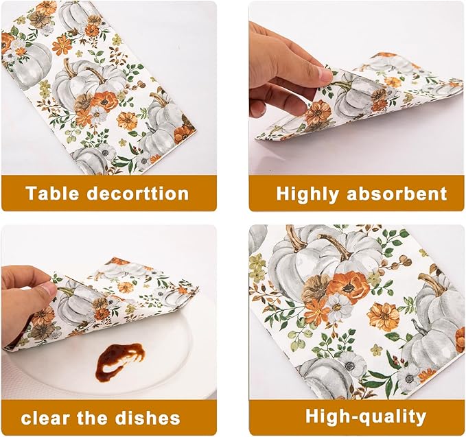 200 PCS Thanksgiving Pumpkin Napkins - 3 Ply Heavy Duty Fall Pumpkin Paper Napkins - Thanksgiving Disposable Hand Towels Napkins for Friendsgiving Table Decor Party Supplies