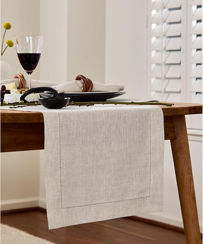 Solino Home Linen Light Natural Table Runner 72 Inches Long - 100% Pure Linen Hemstitch Table Runner 14 x 72 Inch for Dresser, Dining, Fall, Christmas, New Year - Classic Hemstitch