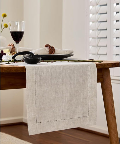 Solino Home Linen Light Natural Table Runner 156 Inches Long - 100% Pure Linen Extra Long Table Runner 14 x 156 Inch for Fall, Autumn - Classic Hemstitch