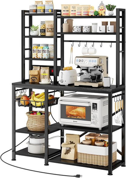 SNTD Baker Rack with Power Outlet - Microwave Stand with Storage, Large Coffee Bar Station with 14 Hooks, Metal Kitchen Shelf Rack for Spices, Pots (Rustic Black)