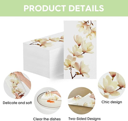 Horaldaily 50 Disposable Paper Decorative Guest Napkins, Magnolia Grandiflora Hand Towel for Party Lunch Dinner Kitchen Bathroom