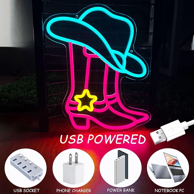 Cowboy Boot Neon Sign, Neon Cowboy Hat Sign,LED Pink Western Cowgirl Boots Neon Lights Sign for Wall Decor, Cowboy Hats Neon Light Up Signs USB Powered for Bedroom Art, Game Room Party, Birthday Party, Christmas