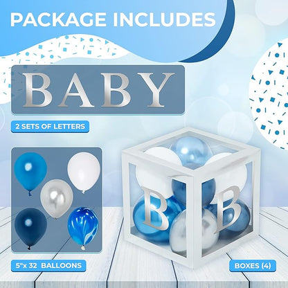 Baby Shower Boxes with Letters – Silver Boxes with Silver & Blue Balloons – 44-Piece Gender Reveal & Party Decoration Set by Vellax
