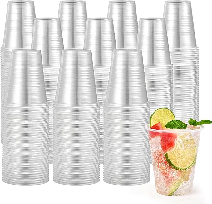 Turbo Bee 1000 Pack 12oz Plastic Cups,Disposable Clear Drinking Cups,Hot and Cold Drink Container for Water, Juice, Soda,Coffee