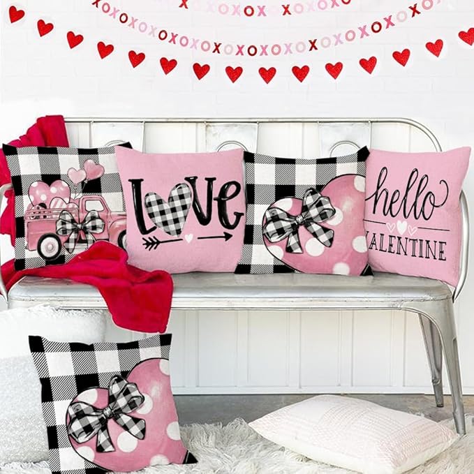 GEEORY Buffalo Plaid Valentines Day Pillow Covers 18x18 Set of 4 Valentine Day Decor Polka Dot Pink Heart with Bow Love Truck Decorative Throw Pillows for Sofa Couch Cushion Decorations G447-18