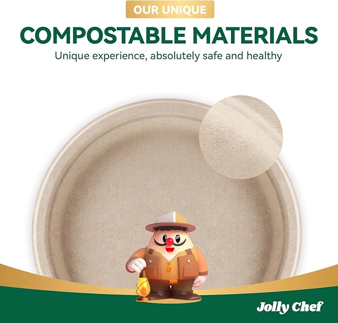 JOLLY CHEF Compostable Heavy Duty Plates 9 Inch [300 Pack] Eco-Friendly Disposable Natural Paper Plates Bagasse Biodegradable Bulk for Party Dinner Sugarcane Fibers Lunch Christmas (Brown)