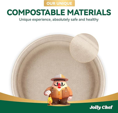 JOLLY CHEF Compostable Heavy Duty Plates 9 Inch [300 Pack] Eco-Friendly Disposable Natural Paper Plates Bagasse Biodegradable Bulk for Party Dinner Sugarcane Fibers Lunch Christmas (Brown)