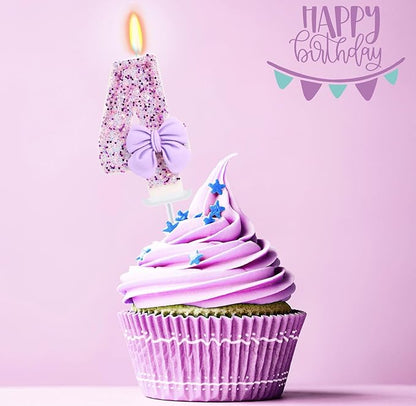 Birthday Candle for Cake, 4 Candle - Purple Glitter with Bowknot, 2.76 inch Cake Topper Decoration for 4 Years Old Birthday Party (Number 4)