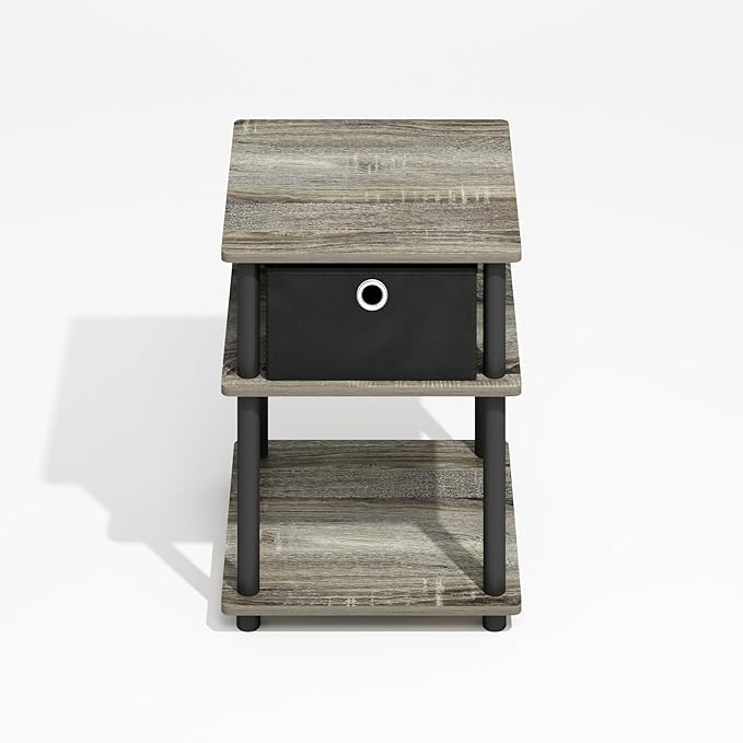 Furinno Turn-N-Tube 3-Tier End Table with Storage Bin, Grey Oak/Black/Black