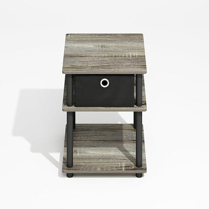 Furinno Turn-N-Tube 3-Tier End Table with Storage Bin, Grey Oak/Black/Black