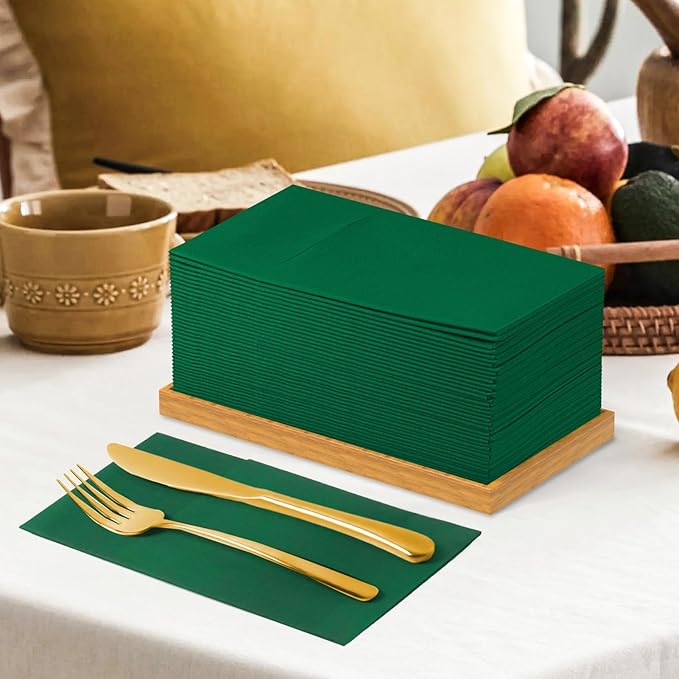 KAMMAK Green Napkin Disposable Cloth Like Dinner Paper Napkins with Pocket 100 Pack Folded Guest Hand Towel for Party Decoration, Wedding Reception, Bathroom, Kitchen, Hotel (16.5 x 16.5 inch)