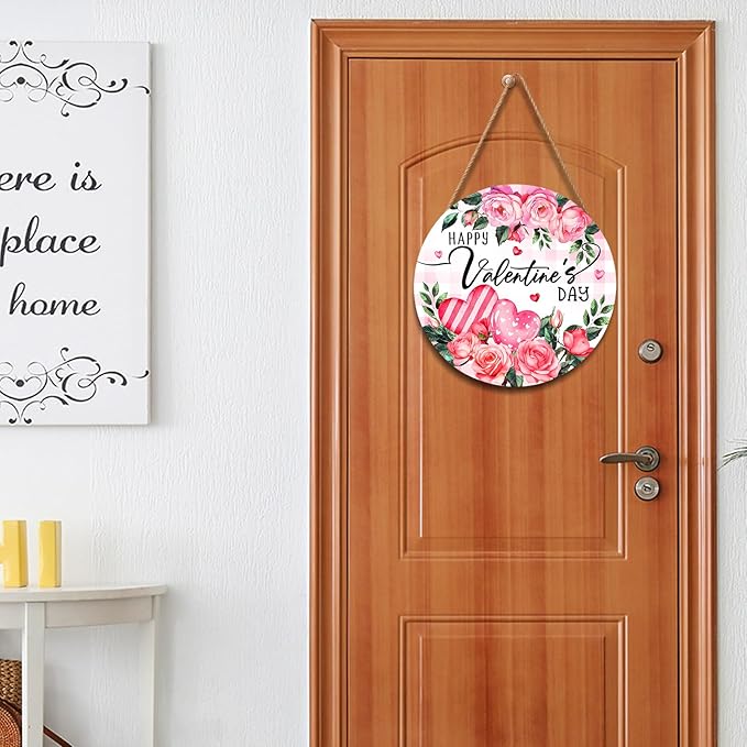 Happy Valentine's Day Rose Flower Front Door Sign Valentines Flower Wooden Door Hanging Sign 12x12 Inch Valentines Day Decorations Outdoor Outside Porch for Anniversary Wedding Farmhouse Holiday