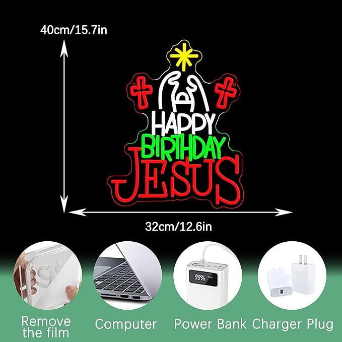 Happy Birthday Jesus Neon Sign for Christmas Decor Cross Neon Light Sign Dimmable USB Led Christian Religious Neon Wall Decor for Church Home Nativity Scene Faith-Based Holiday Gift