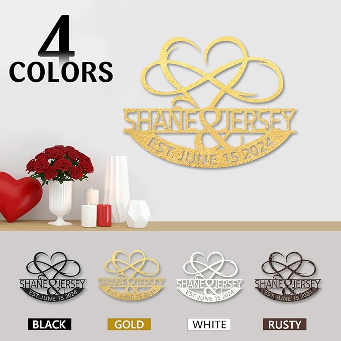 Personalized Anniversary Wedding Gifts for Couples, Metal Signs Customized with Couples Name and Date, Wedding Sign, Infinity Heart Metal Wall Decor, Engagement Bridal Shower Gifts Color01