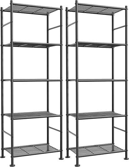 Storage Shelves - Set of 2, 5-Tier Metal Shelf Organizer, Space-Saving Garage Shelving with Leveling Feet, Standing Shelves Organizer for Kitchen, Laundry, Pantry (18.4" x 12.6" x 57.4", Black)