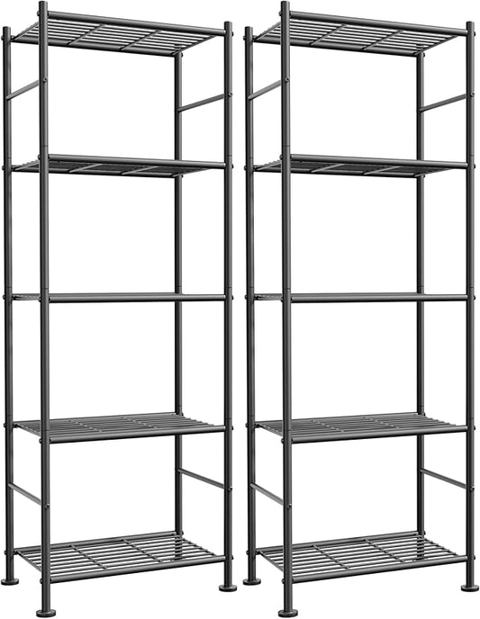 Storage Shelves - Set of 2, 5-Tier Metal Shelf Organizer, Space-Saving Garage Shelving with Leveling Feet, Standing Shelves Organizer for Kitchen, Laundry, Pantry (18.4" x 12.6" x 57.4", Black)