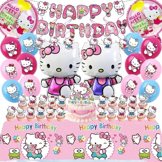 49Pcs - Kitty Birthday Party Decorations Set, Pink Theme with Banner, Balloons, Tablecloth, Cake Toppers..。