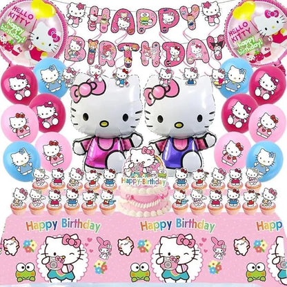 49Pcs - Kitty Birthday Party Decorations Set, Pink Theme with Banner, Balloons, Tablecloth, Cake Toppers..。