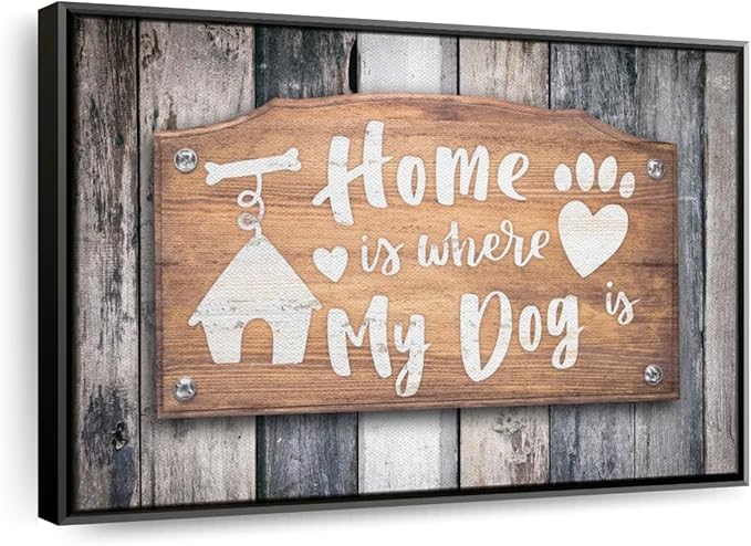 Elephant Stock Home Is Where My Dog Is Wall Art - Horizontal Floating Framed Canvas - 1-Piece Living Room Wall Decor - Pet Digital Art Canvas Print - Gray and Beige Decor for Wall - 19" X 13"