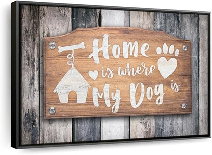 Elephant Stock Home Is Where My Dog Is Wall Art - Horizontal Floating Framed Canvas - 1-Piece Living Room Wall Decor - Pet Digital Art Canvas Print - Gray and Beige Decor for Wall - 43" X 29"