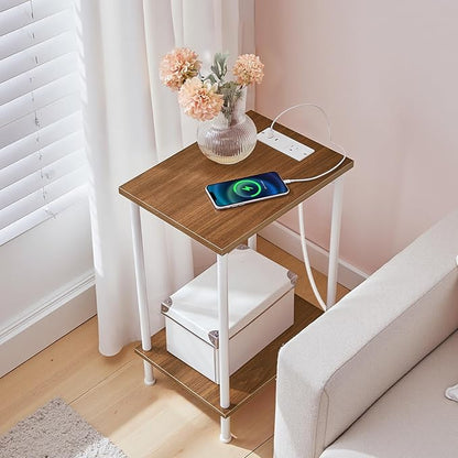 HOOBRO Side Table with Charging Station, Set of 2 End Table with USB Port and Outlets, Nightstand with 2-Layer Storage Shelves for Small Spaces, Living Room, Bedroom, Walnut and White WH09UBZP201