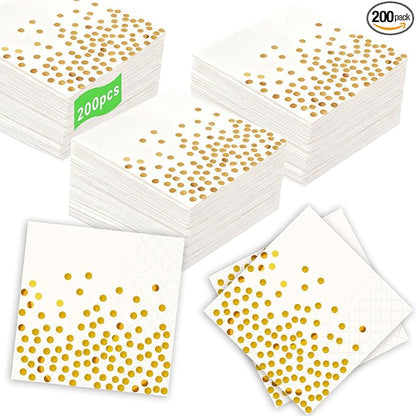200 Pcs Unfold Size 13x13 Inch Disposable White Rose Gold Dot Paper Napkins