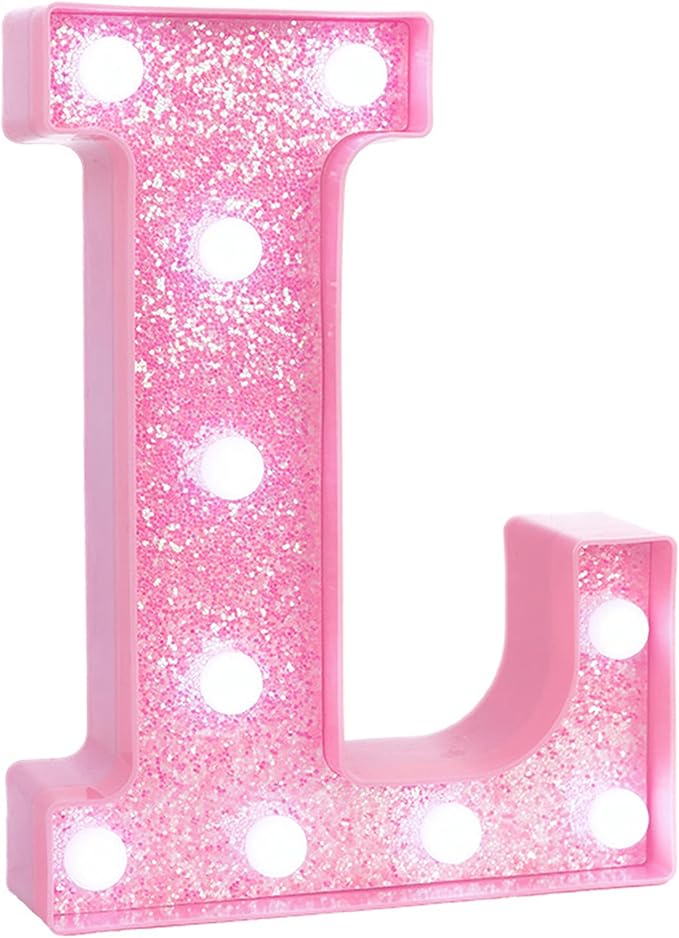Pink LED Marquee Light Up Letters, Glitter Alphabet Letter Lights for Birthday Party Decorations, Battery Operated Letter Signs for Girls Room Table Decor, Pink Letter L with Cool White Lights