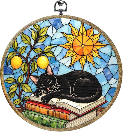 Cute Cat Decor Cat Stuff Accessories Book Lovers Gifts Reading Gifts Framed Round Wall Decor Canvas Wall Art Hanging Prints Artwork for Home Door Bedroom Living Room Decorations 10.2X10.2 Inch