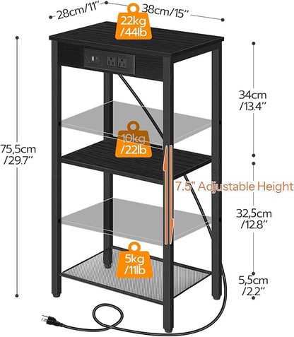 HOOBRO Tall End Table with Charging Station, 30 Inch Tall Nightstand, 3-Tier Small Side Table with Adjustable Shelf, for Living Room, Bedroom, Hallway, Black BB09UDH01G1