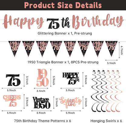 75th Birthday Decorations for Women, Black Rose Gold Happy 75th Birthday Banner Hanging Swirls Vintage 1950 Decorations Kit Cheers to 75 Party Supplies