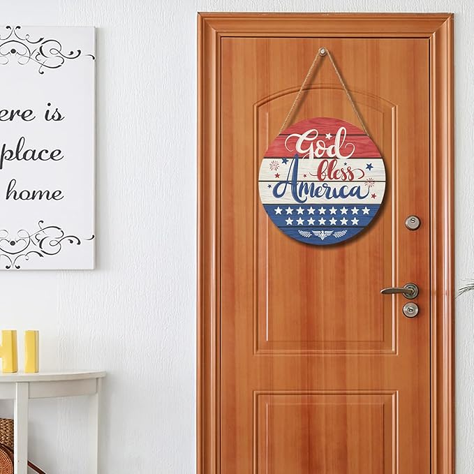 July Fourth Memorial Day Decorations Sign for Front Door Independence Day Patriotic Wreath Welcome Hanging Plaque God Bless America Round Wooden Hanger for Memorial Outdoor Decor 12”x 12”
