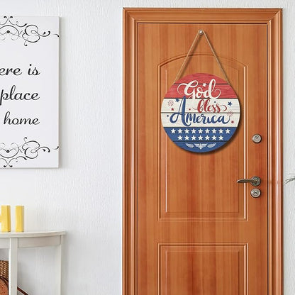 July Fourth Memorial Day Decorations Sign for Front Door Independence Day Patriotic Wreath Welcome Hanging Plaque God Bless America Round Wooden Hanger for Memorial Outdoor Decor 12”x 12”