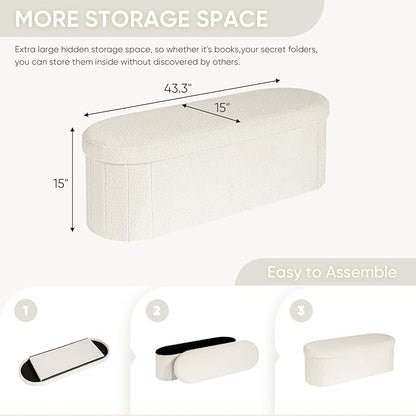 B FSOBEIIALEO Ottoman with Storage for Living Room, Sherpa Folding Storage Ottoman Foot Rest, 43.3 Inches Collapsible Bedroom Bench White
