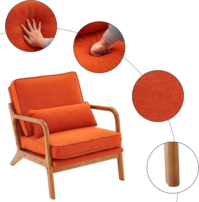 Bonnlo Linen Burnt Orange Mid Century Modern Accent Chair, Soild Wood Padding Lounge Armchairs Side Sitting Chairs for Living Room, Bedroom, Guest Room