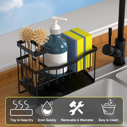 Maifan Sink Caddy Sponge Holder for Kitchen with Brush Holder and Stainless Steel Self Drain Tray, Rustproof Kitchen Sink Organizer for Sponge, Soap Dispenser Storage Accessories