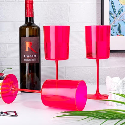 Ciaell 12 Pack Plastic Wine Glasses - 14Oz Hot Pink Plastic Wine Glasses With Stem - Disposable Stemmed Cups for Parties & Weddings