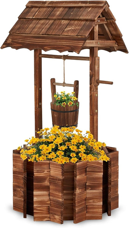 Bezseller Wishing Wells for Outdoors, Wooden Wishing Well Planter for Outdoor Yard, Large Rustic Outdoor Flower Planters with 4 Reinforced Rod & Hanging Bucket for Backyard Patio Garden Home Decor