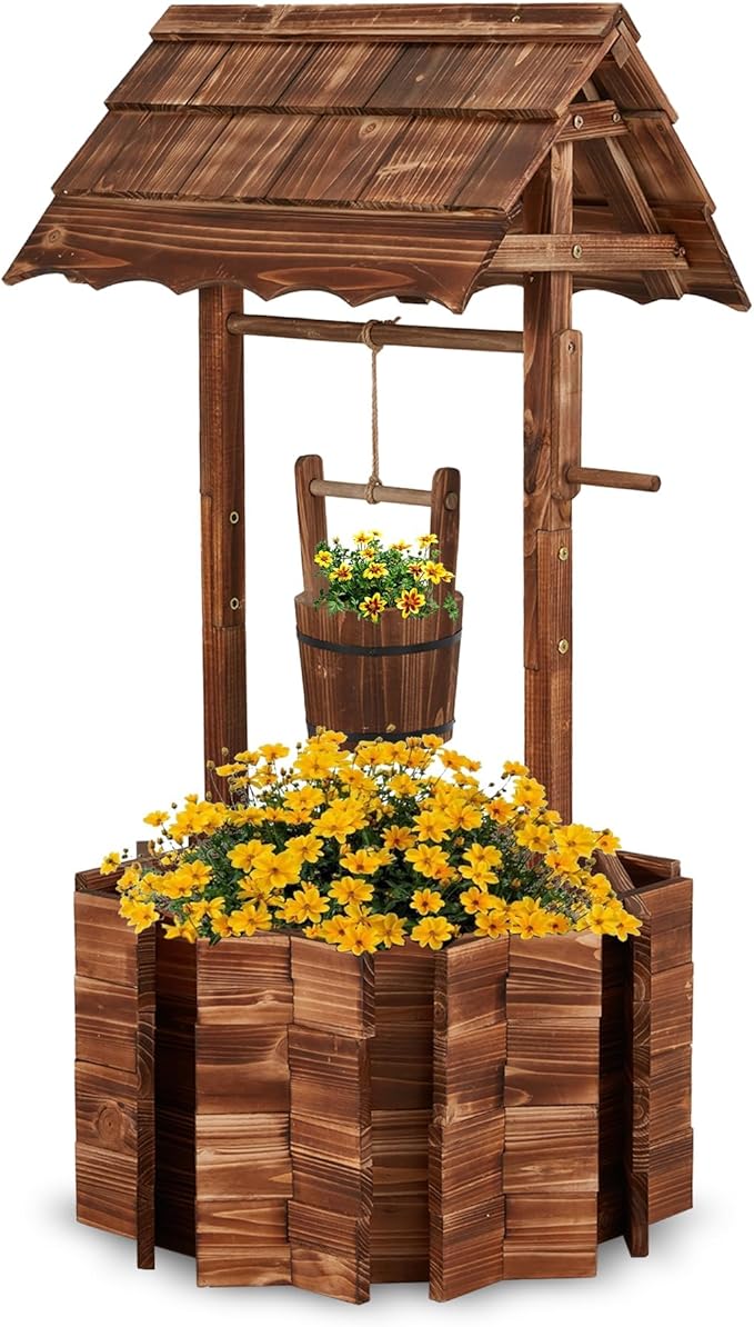 Bezseller Wishing Wells for Outdoors, Wooden Wishing Well Planter for Outdoor Yard, Large Rustic Outdoor Flower Planters with 4 Reinforced Rod & Hanging Bucket for Garden Home Decor(45 inch Tall)
