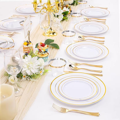 bUCLA 600Pcs White and Gold Plastic Plates - Gold Disposable Dinnerware Set for 100 Guests Include 100 Dinner & 100 Dessert Plates, 100 Cups, 100 Forks, 100 Spoons, 100 Knives for Party