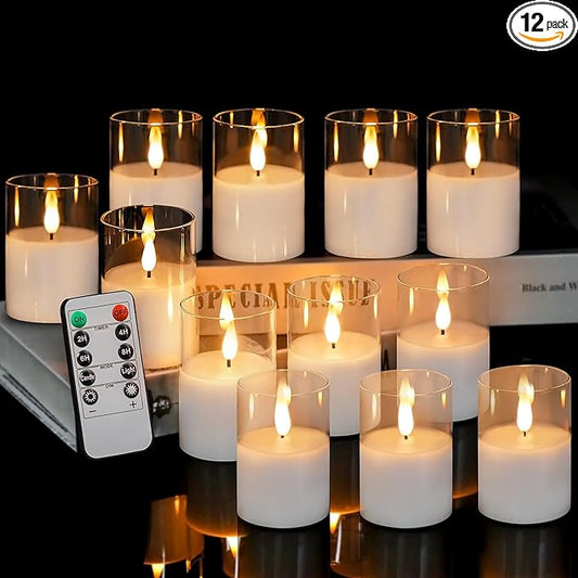 12Pack Glass Flickering Flameless Candles with Remote, 2"X3" Real Wax Votive Candles Battery Operated, Small Electric LED Candles for Wedding Home Decor, w/4 Timers+2 Lighting Modes [Clear]