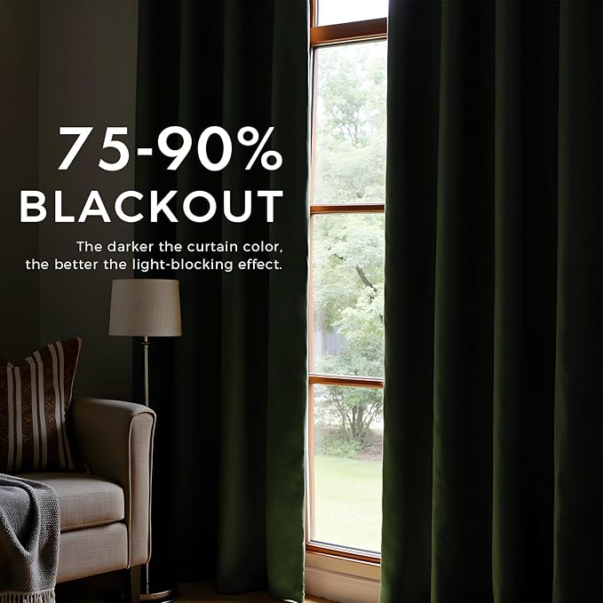 PRIMROSE Emerald Olive Green Velvet Curtains 96 inch Long for Living Room,Set of 2 Panels Blackout Rod Pocket Back Tab Window Treatment Room Darkening Heavy Decorative Curtains Drapes for Bedroom