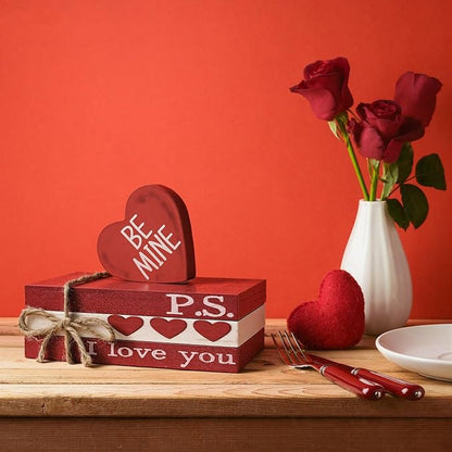Smile Valentine's Day Wooden Book Decor, Be Mine, I Love You, Heart - Themed Shelf Signs, Valentine Indoor Decoration