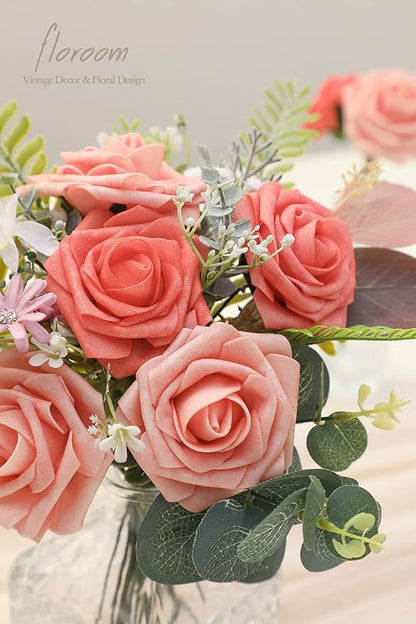 Floroom Artificial Flowers 25pcs Real Looking Mixed Living Coral Foam Fake Roses with Stems for DIY Wedding Bouquets Bridal Shower Centerpieces Floral Arrangements Party Tables Home Decorations